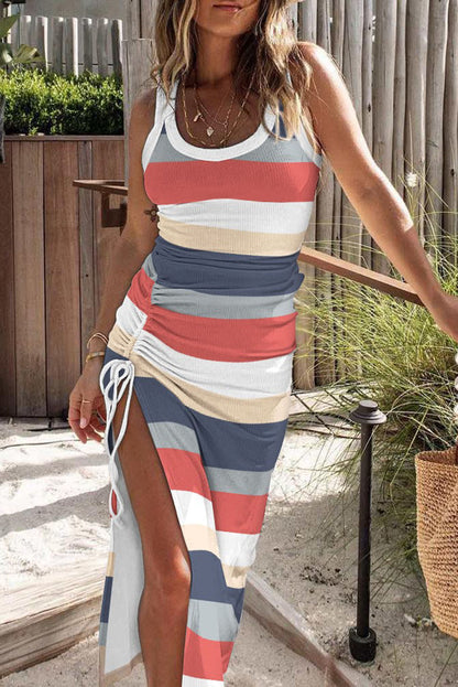 Multicolor Striped Asymmetric Color Block Tank Dress