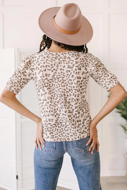  Leopard Print Ruched Sleeve Tee