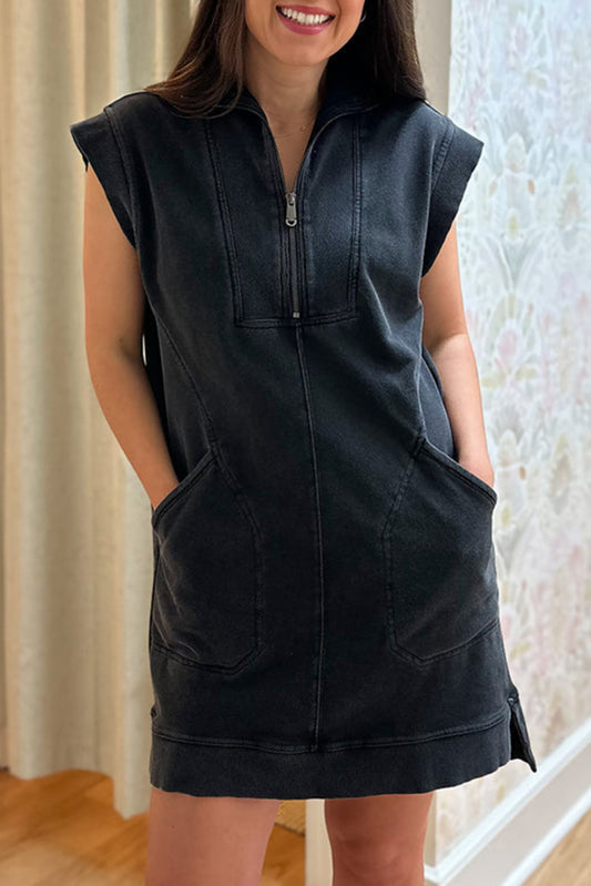 Black Zip Collar Sweatshirt Dress