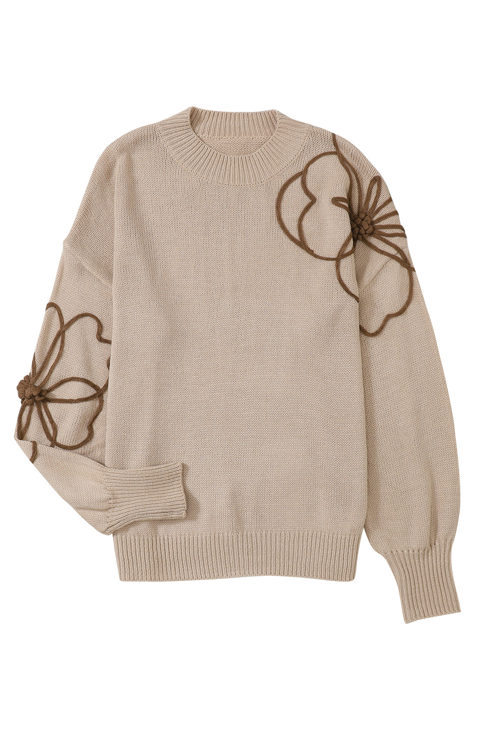 Khaki Floral Decor Lantern Sleeve Knit Sweater