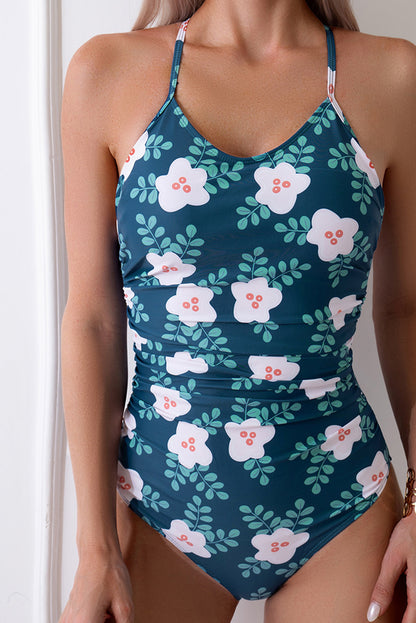 Green Floral Print Thin Straps One Piece Swimsuit