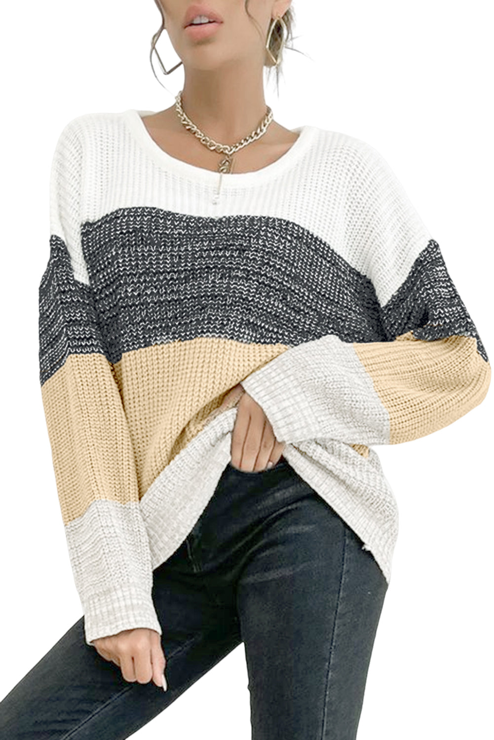 Multicolor Splicing Cable Knit Drop Sleeve Sweater
