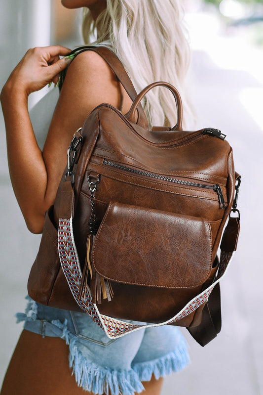 Dark Brown Tassel Decor Retro PU Large Capacity Backpack