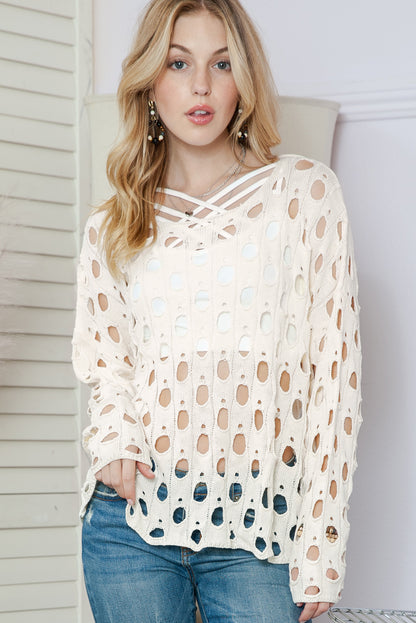 Beige Hollow Out Distressed Pullover Sweater