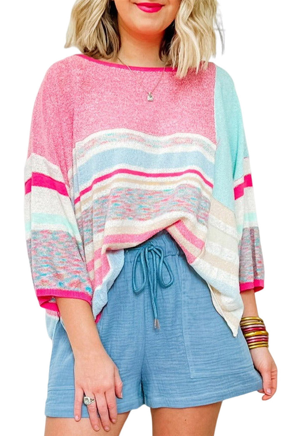 Pink Striped Color Block Knit Top