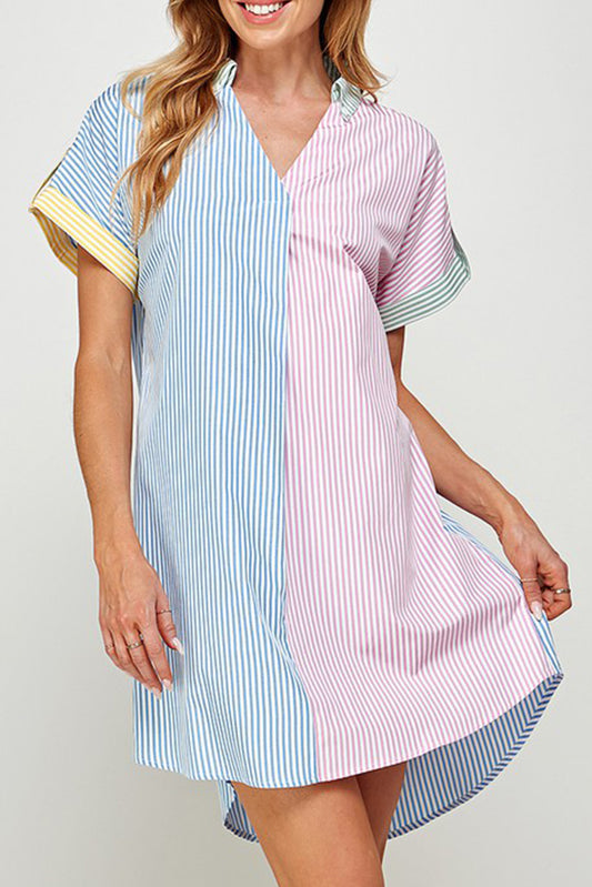 Sky Blue Stripe Collared Mini Shirt Dress