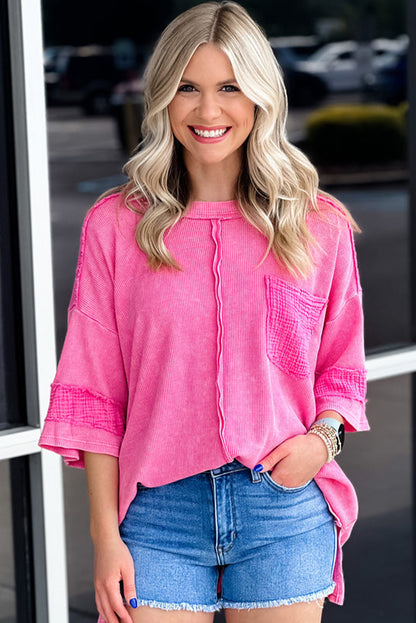 Bright Pink Crinkle Patchwork Corded Drop Sleeve Baggy Top