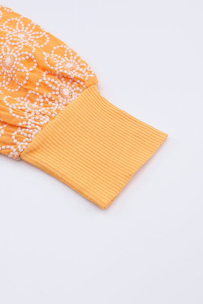 Yellow Flower Patterned Bishop Sleeve Knit Top