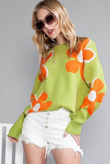 Green Floral Pattern Ribbed Contrast Sweater