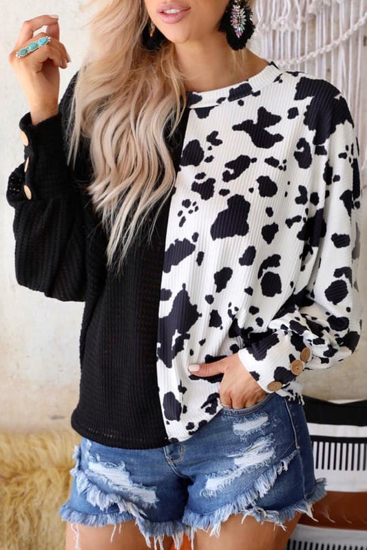 Black Animal Patchwork Waffle Knit Top