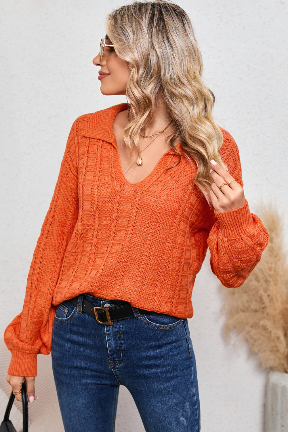 Orange Casual V Neck Polo Collar Waffle Sweater
