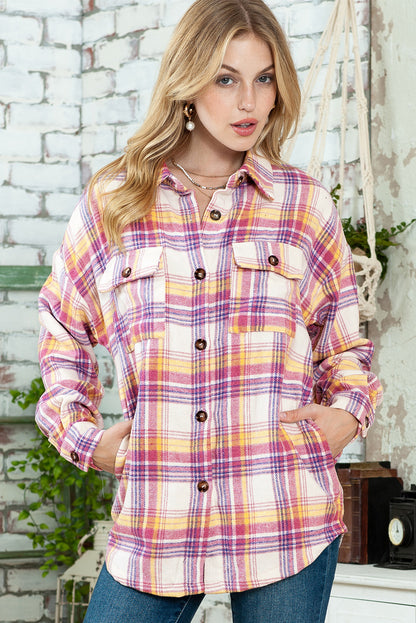 Red Plaid Print Rounded Hem Shacket with Pockets