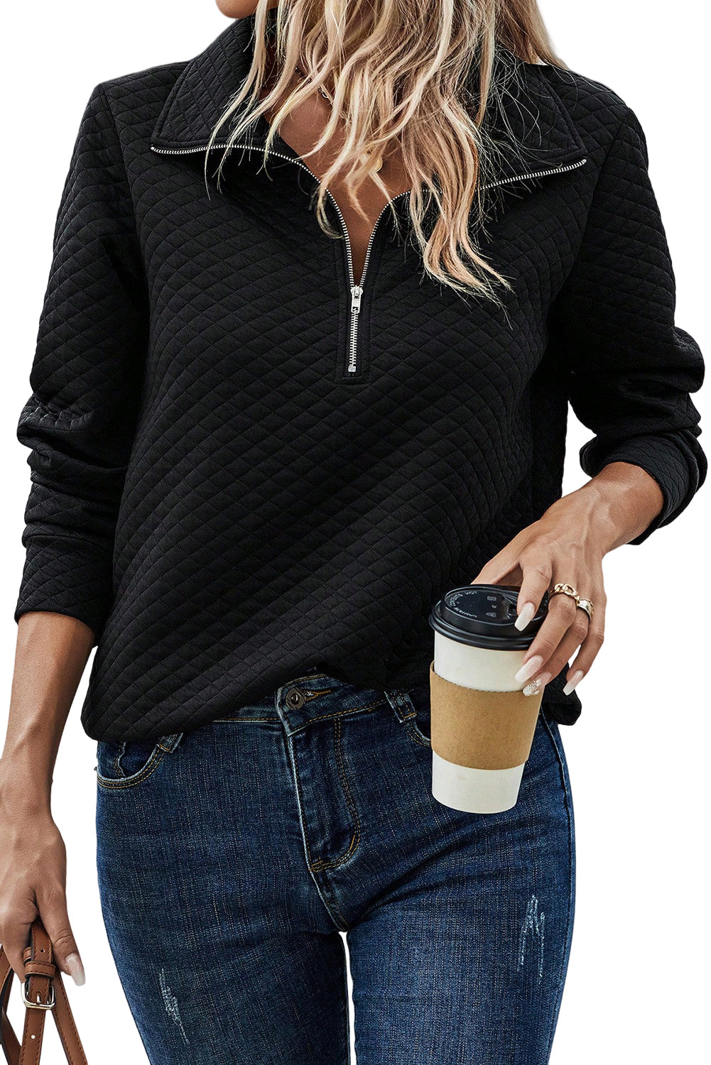 Black Solid Color Half Zipper Pullover Sweatshirt