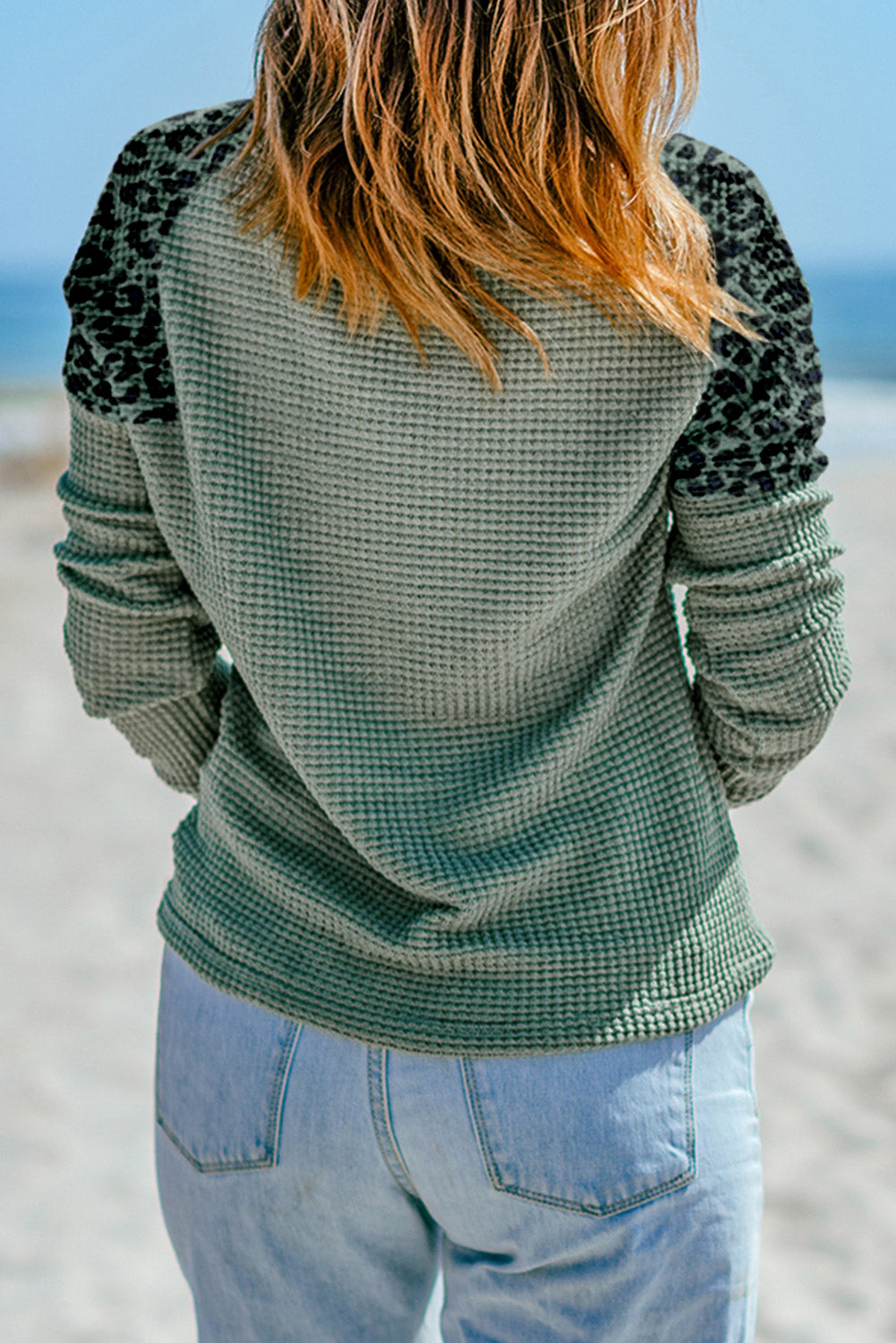 Green Leopard Print Waffle Knit Long Sleeve Henley Shirt