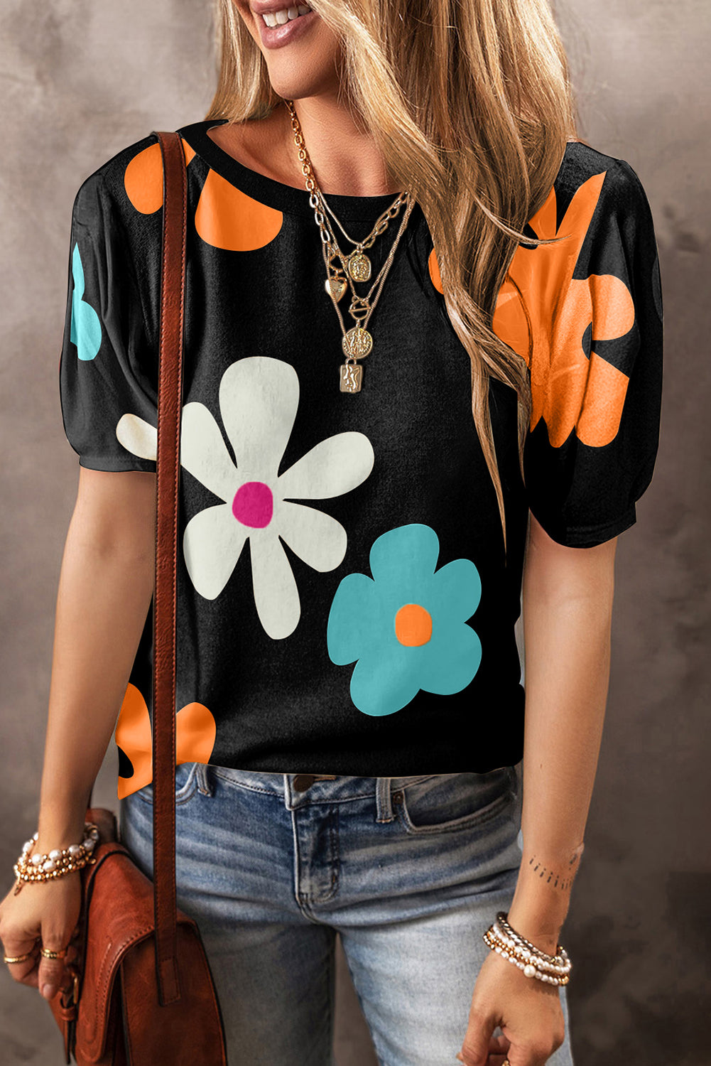 Apricot Colorful Flower Print Bubble Sleeve Tee