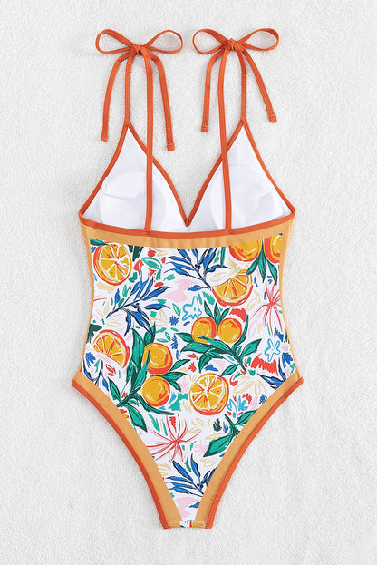 Orange Fruit Plant Print Tie Straps One Piece Swimsuit