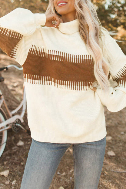White Ribbed High Neck Bishop Sleeve Sweater