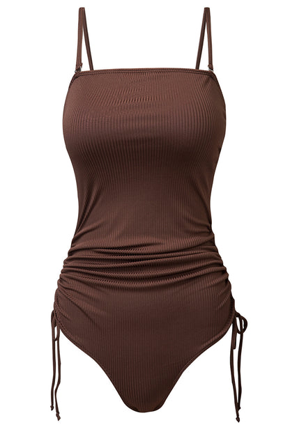Coffee Ribbed Drawstring Cutout One-Piece Swimsuit