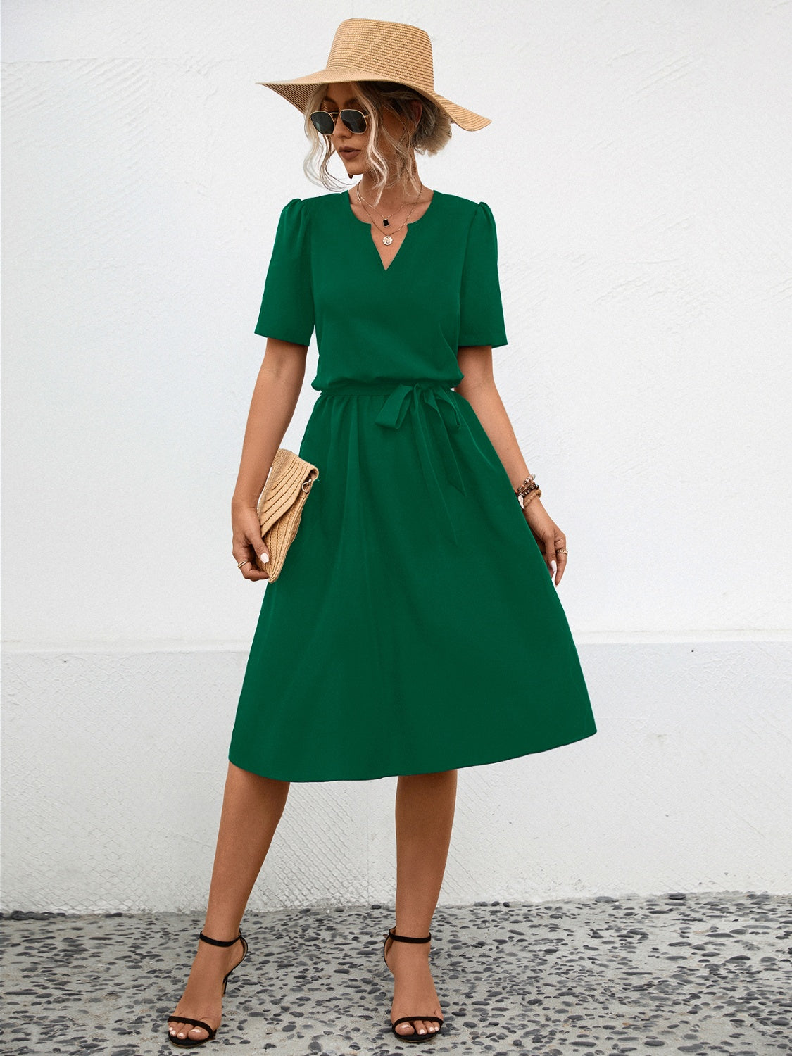 Tied Notched Short Sleeve Casual Dress