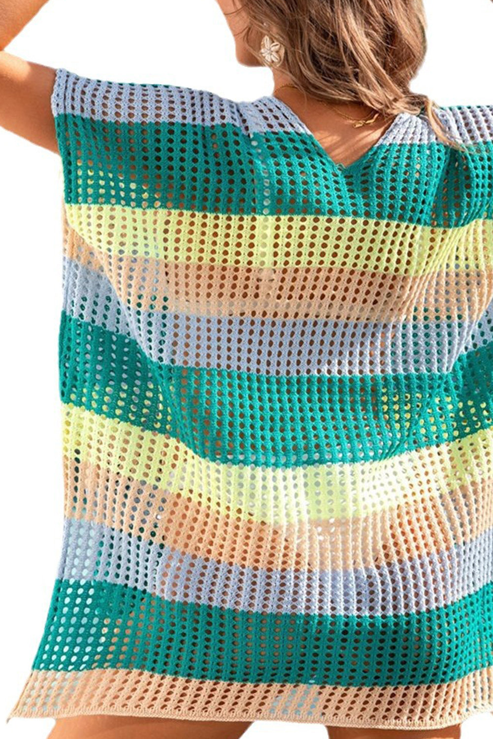 Yellow Striped Hollow Out Knit V Neck Tunic Cover Up