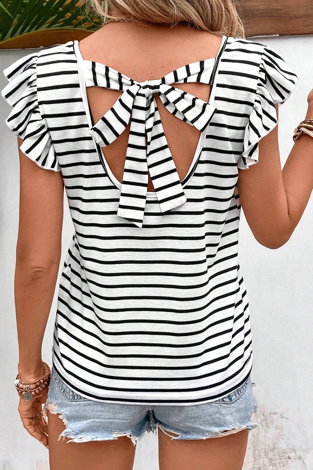 White Stripe V Neck Knotted Backless Ruffle Tee