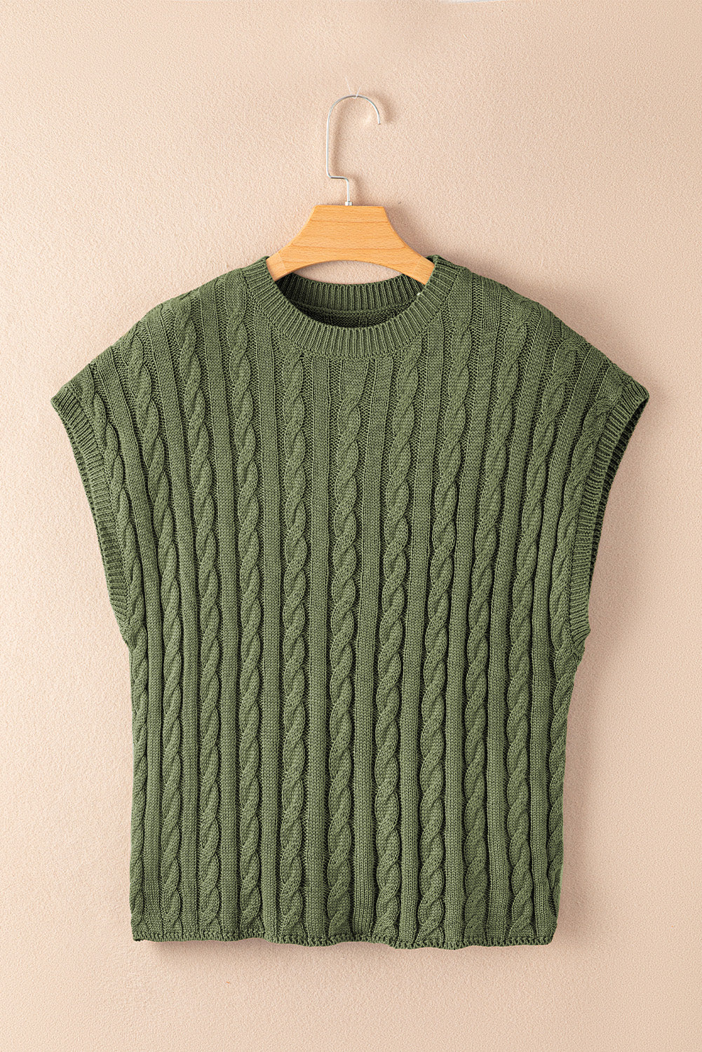 Gray Solid Cable Knit Short Sleeve Roun Neck Sweater