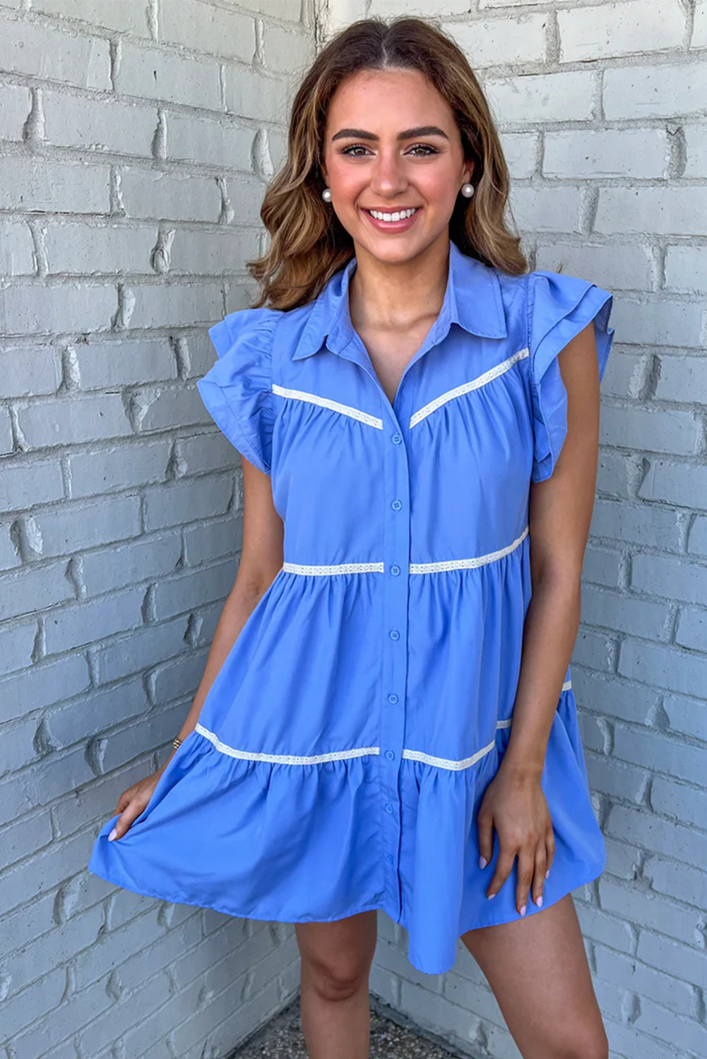 Sky Blue Collared Ruffle Tiered Babydoll Dress