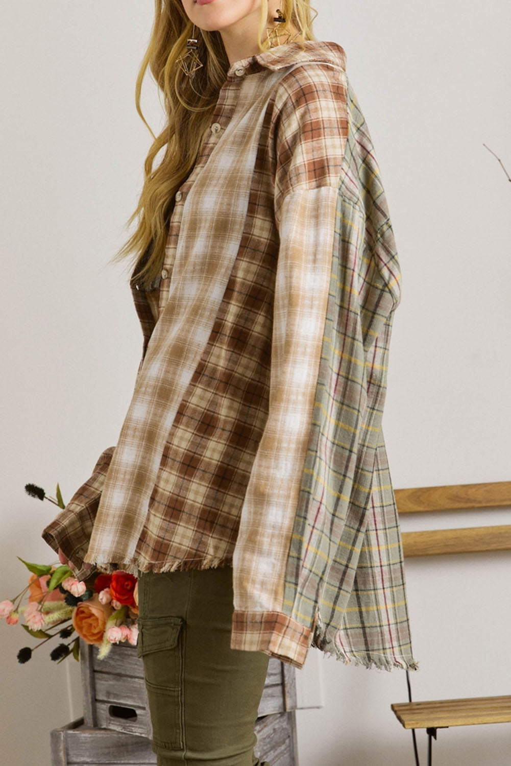 Brown Color Block Raw Hem Casual Button Up Flannel Shacket