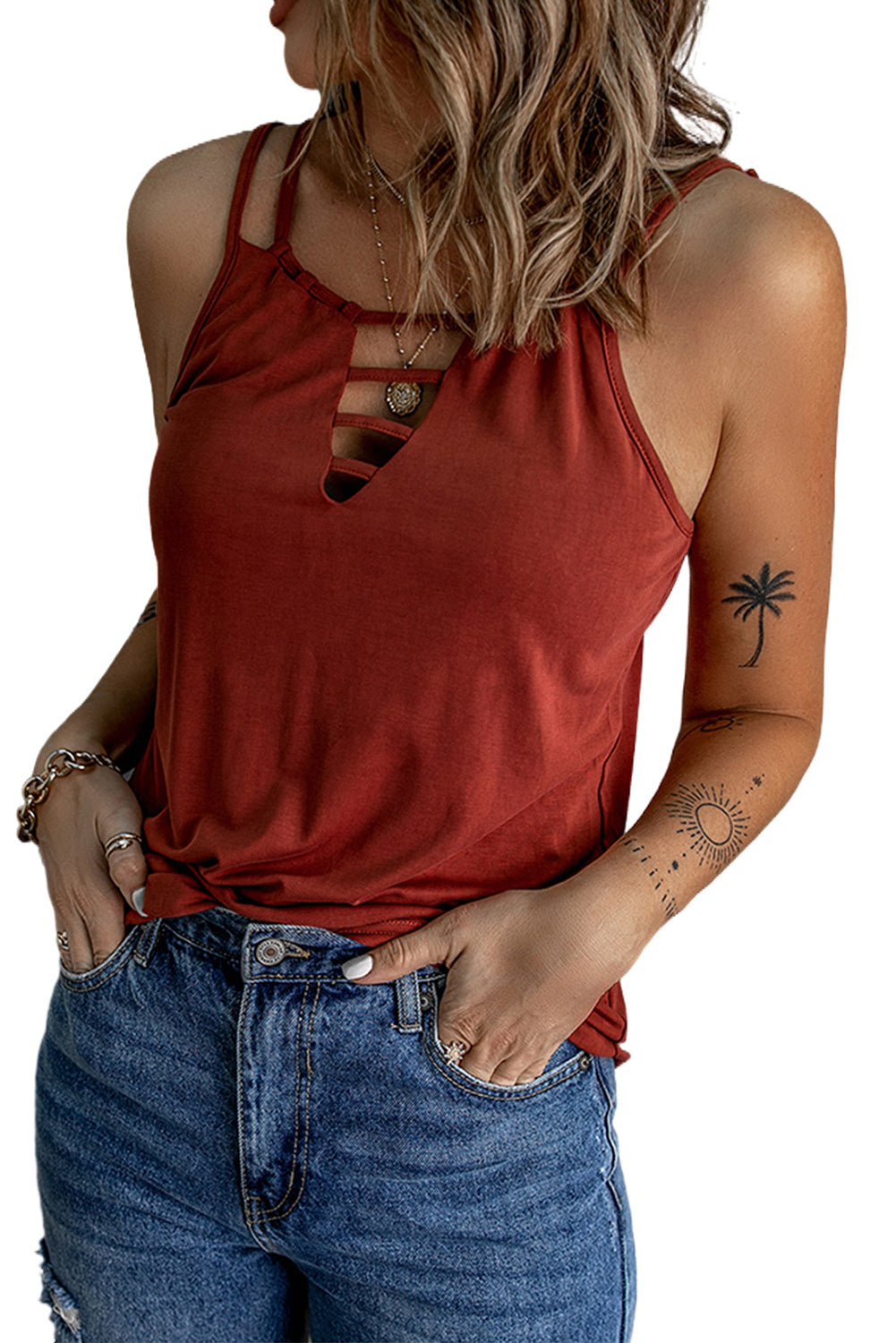 Wine Red Ladder Hollow out Tank Top