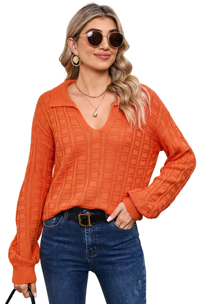 Orange Casual V Neck Polo Collar Waffle Sweater