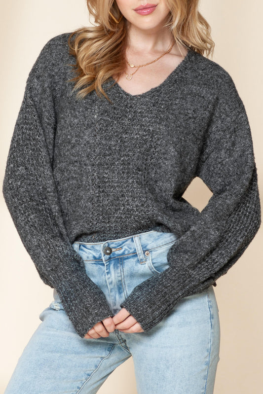 Gray V Neck Crochet Drop Sleeve Oversized Sweater