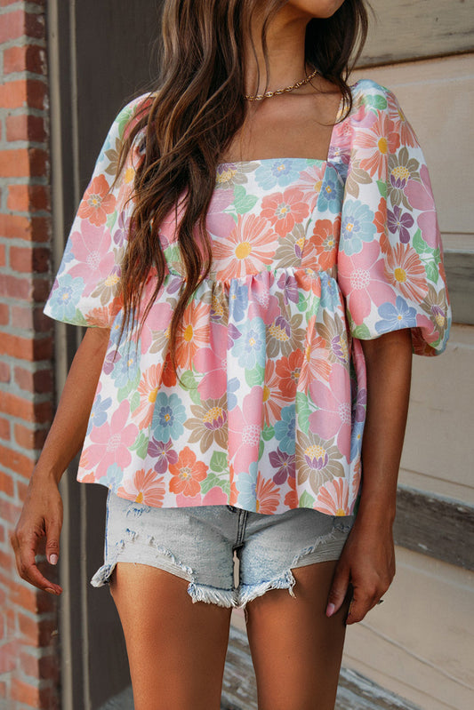 Pink Floral Puff Sleeve Babydoll Blouse