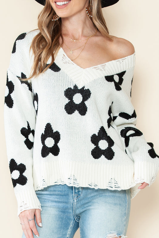 Beige Floral Print Knitted V Neck Distressed Sweater