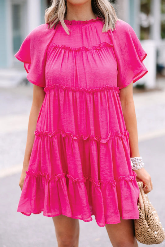 Rose Red Solid Color Flounce Sleeve Frill Tiered Dress