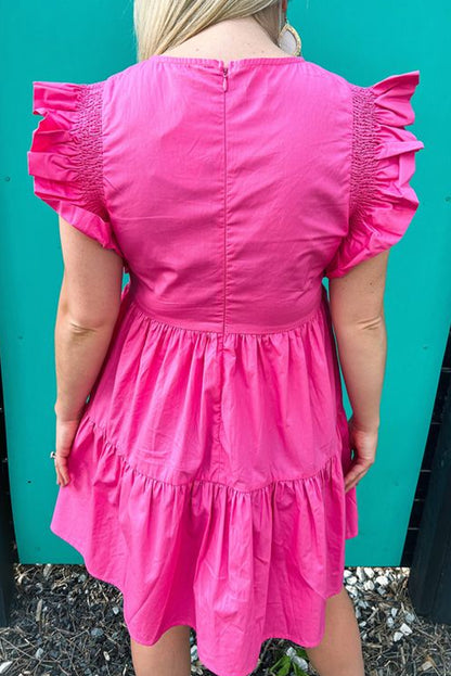 Bright Pink Smocked Ruffle Mini Tiered Dress
