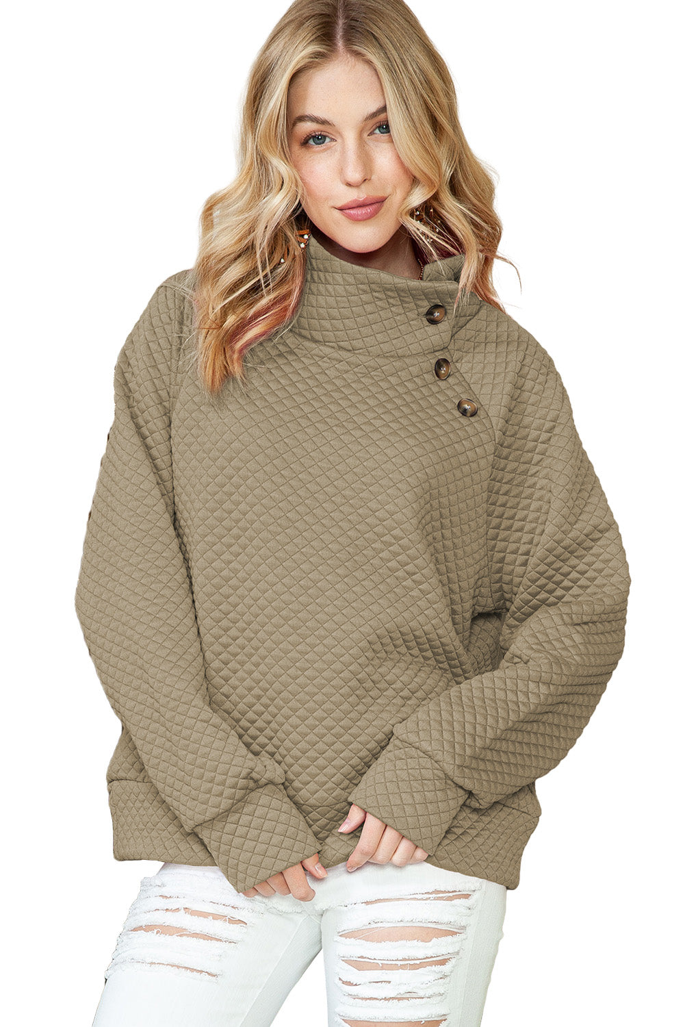 Rose Red Quilted Buttoned Neck Pullover Sweatshirt