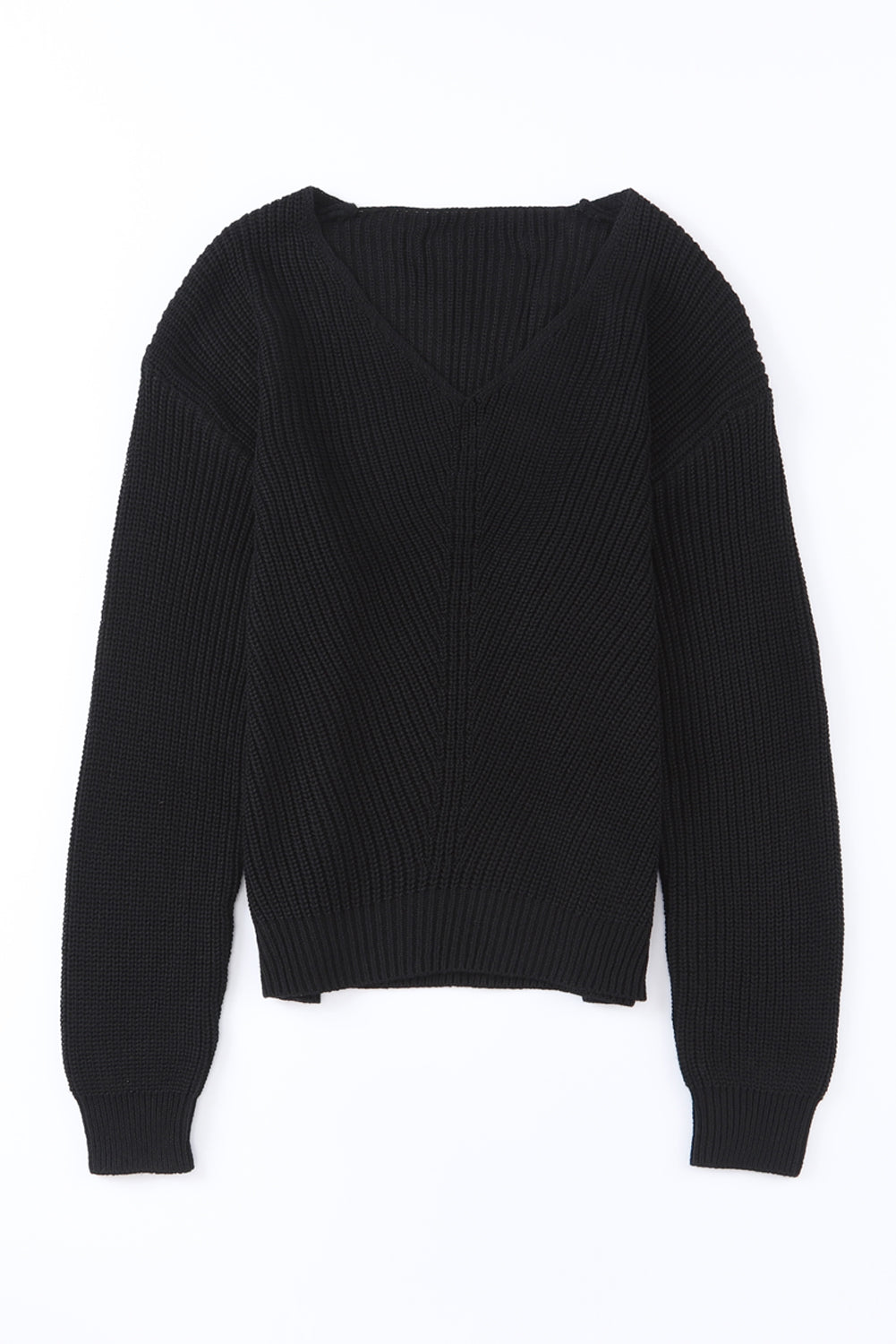 Beige Basic Ribbed Knit V Neck Sweater