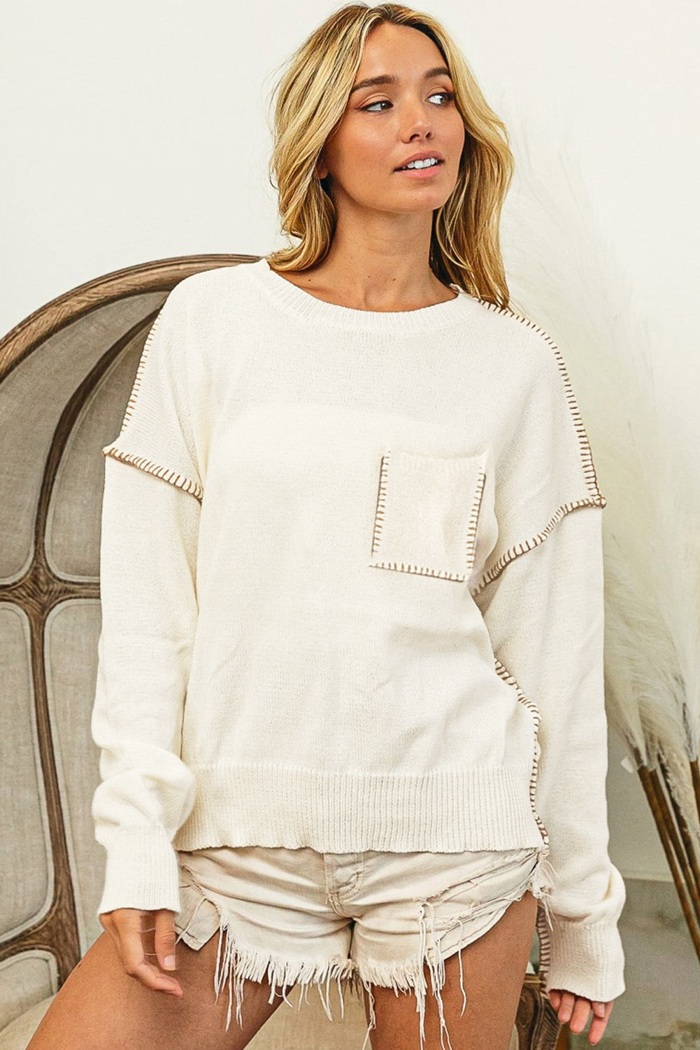 Beige Stitching Trim Drop Sleeve Sweater