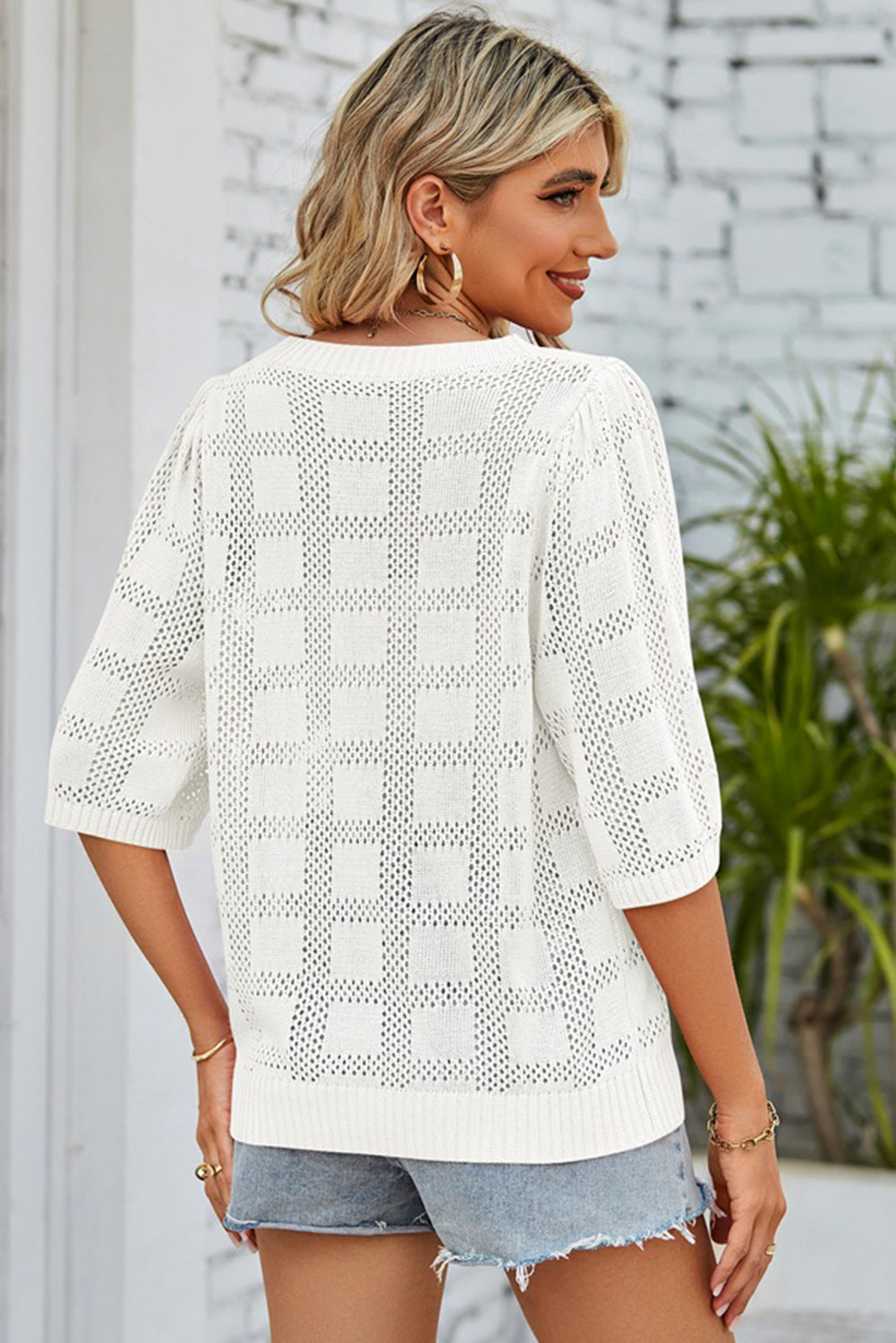 White Solid Color Half Sleeve Pullover Crochet Shirt