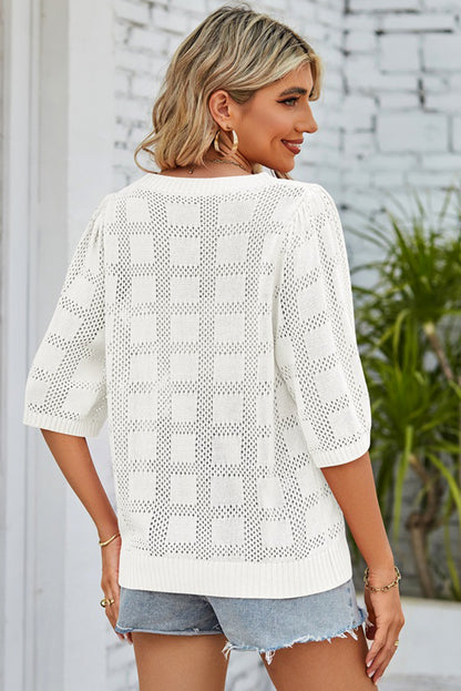 White Solid Color Half Sleeve Pullover Crochet Shirt