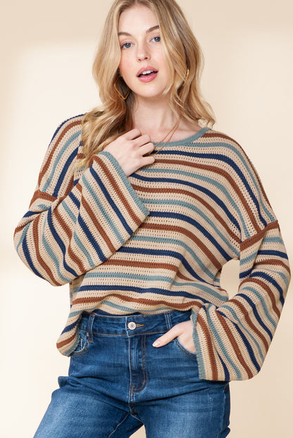 Gray Stripe Knitted Drop Sleeve Cropped Loose Sweater