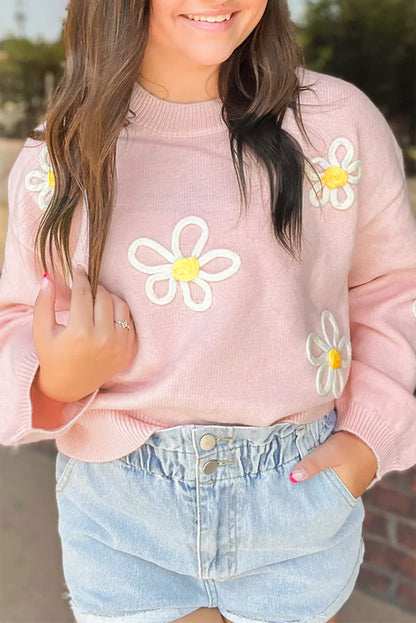 Pink Floral Patch Contrast Ribbed Trim Knitted Sweater