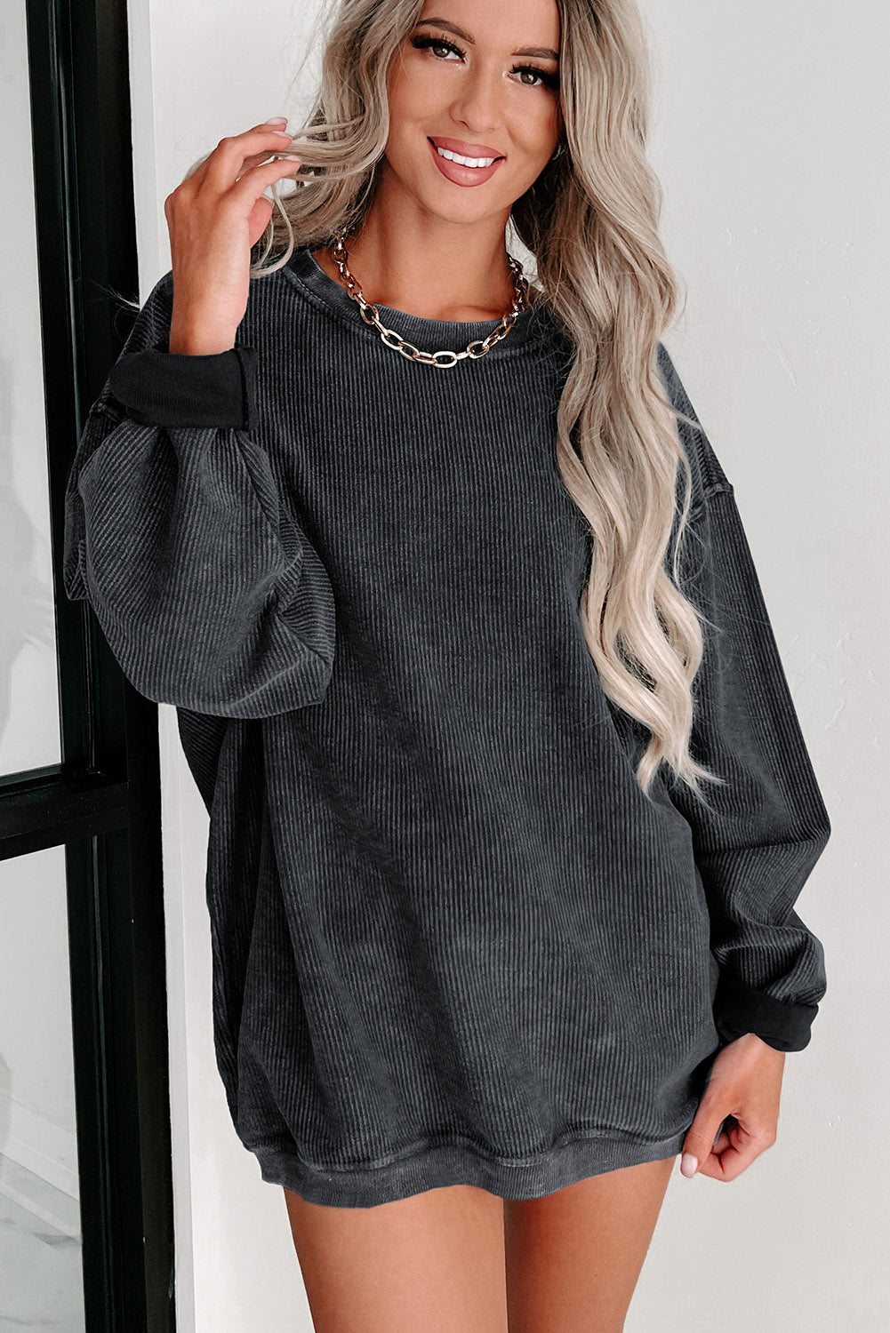Pink Solid Ribbed Round Neck Pullover Sweatshirt