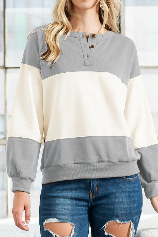 White & Grey Colorblock Buttons Front Pullover Sweatshirt