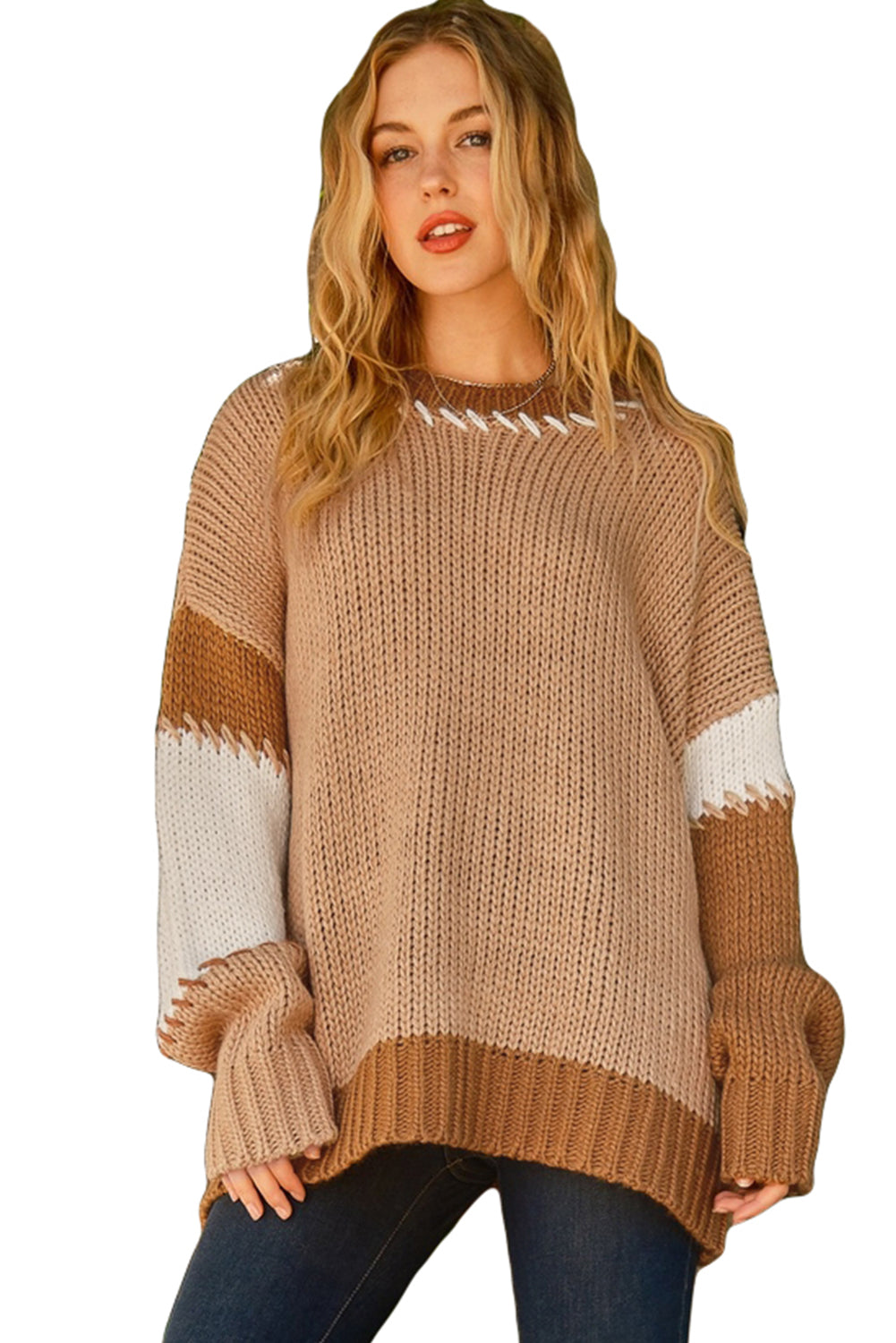 Flaxen Patchwork Drop Sleeve Knit Pullover Sweater