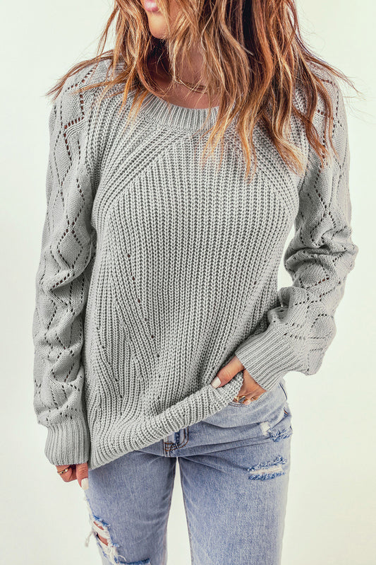 Plain Grey Knit Long Sleeve Pullover Sweater for Women