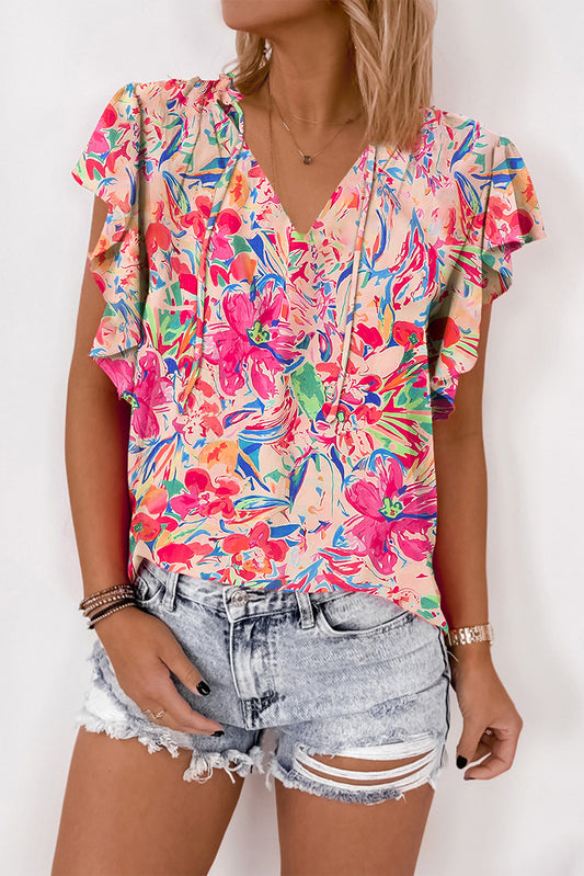 Multicolour Floral Print Tied V-Neck Ruffle Sleeve Blouse