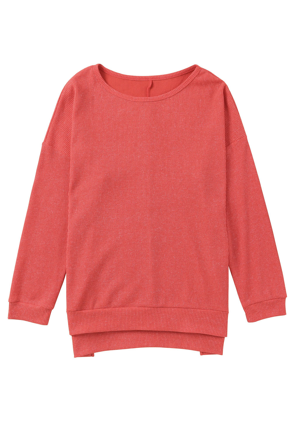 Red Waffle Knit Side Slit Pullover Long Sleeve Top