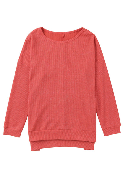 Red Waffle Knit Side Slit Pullover Long Sleeve Top