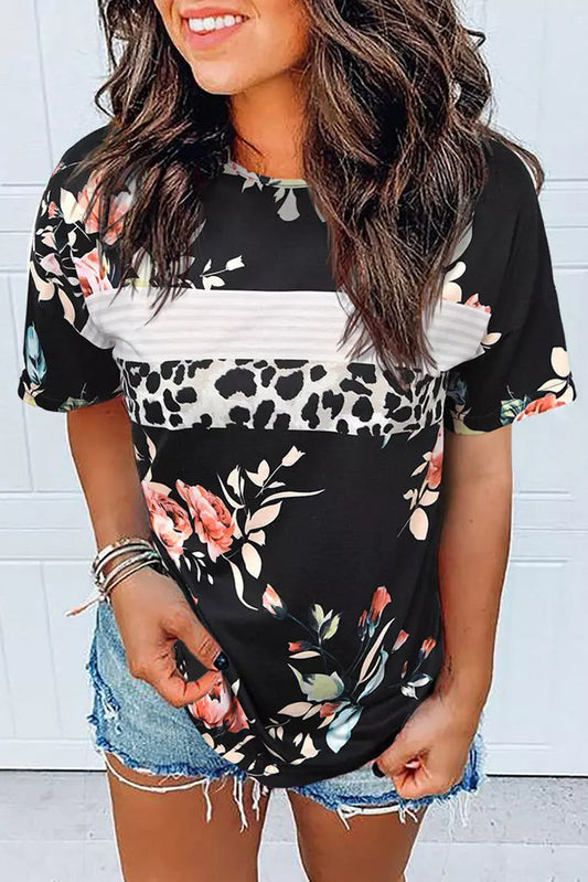 Black Floral and Leopard Print Short Sleeve Tee